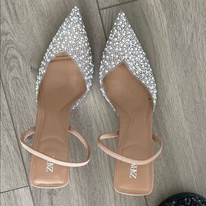 Zara Pearl-Embellished Pointed Mules in White and Tan
